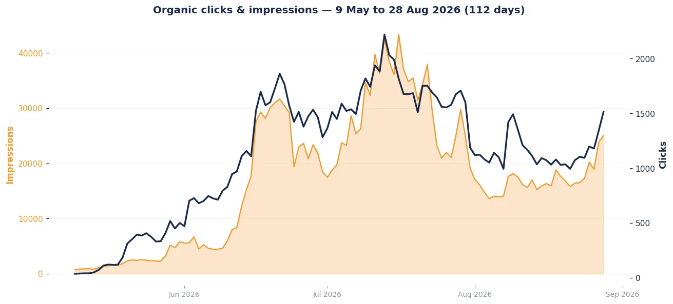 Google Search Console performance chart showing organic clicks growing from 144 to 1,132 per day for a South Asian online tools website, May to August 2026