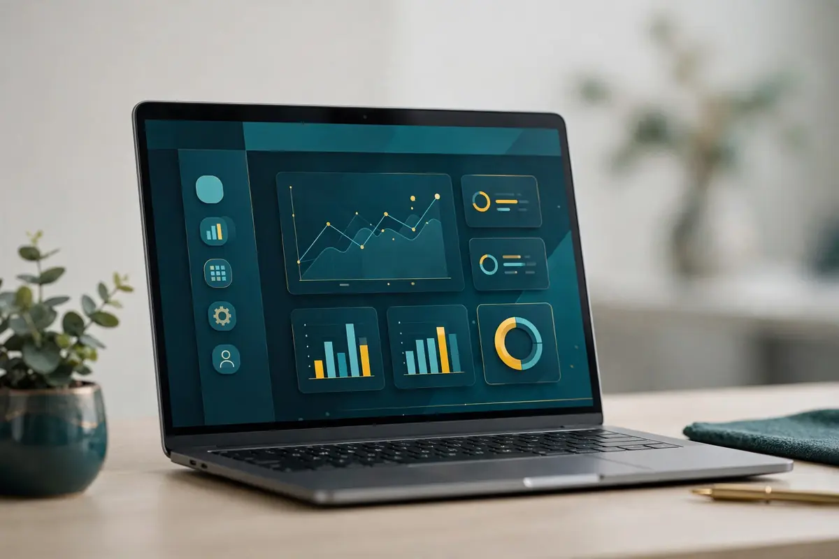 Business website design shown on a laptop in a modern office