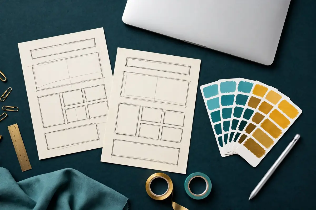 Custom web design wireframe sketches on a designer desk