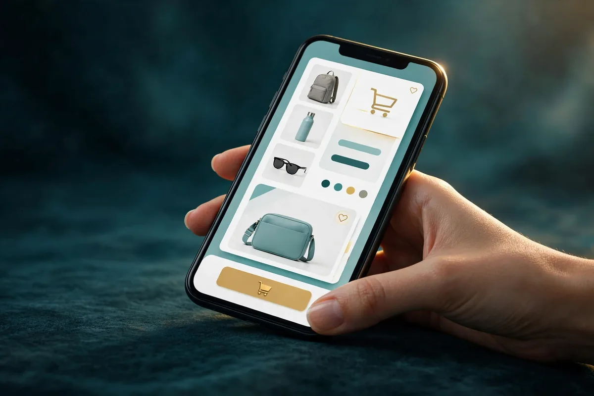 Ecommerce website design on a smartphone with shopping cart