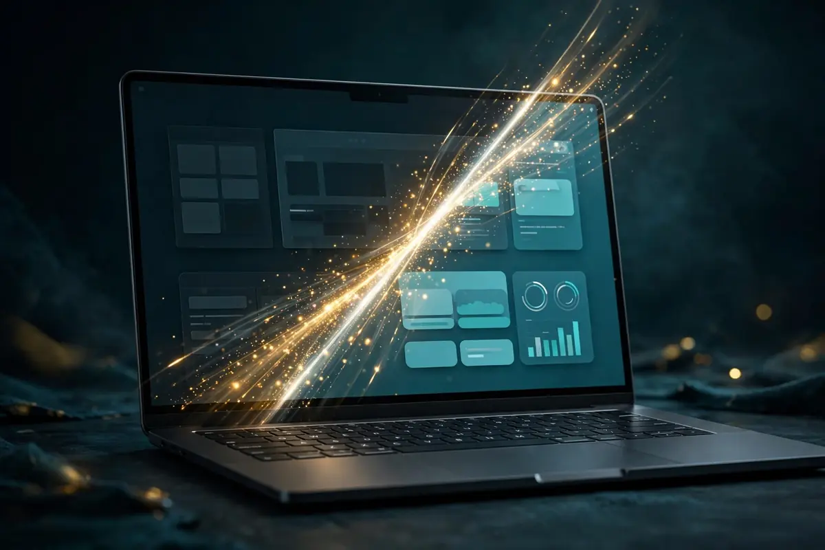 Website redesign transformation on a laptop with light streaks