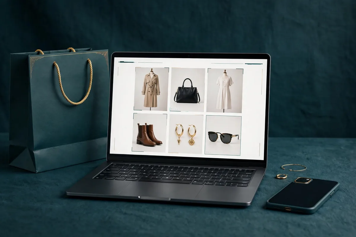 Shopify store design fashion storefront on a laptop